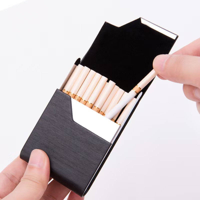 Wallets - 7-delige roestvrijstalen sigarettenkist met leren omwikkeling,